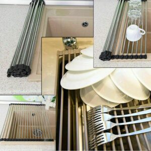 18x15 Roll up Sink Drying Rack Over The Sink Multipurpose roll-up Dish Drying Rack Kitchen Stainless Steel Sink Drain Rack Roll Up Dish Rack Food Drying Mat roll-up Dish Drying Rack