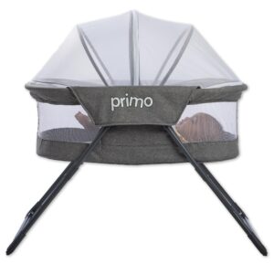 cocoon deluxe folding indoor & outdoor travel bassinet in heather gray, lightweight design, portable bassinet, quick fold, adjustable breathable mesh canopy, with carrying bag