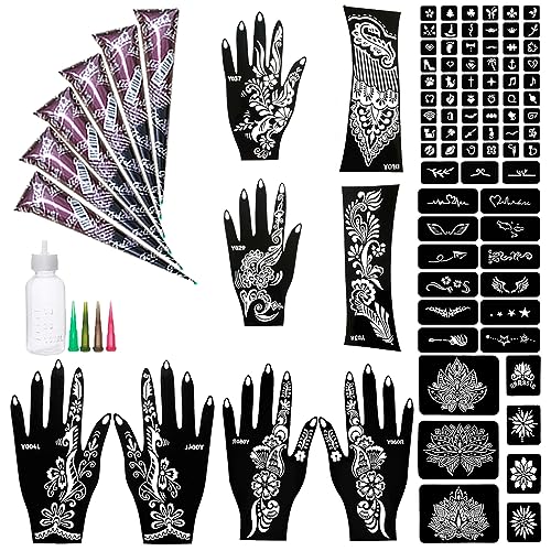 11 Sheet Total 84 Tattoo Stencils Sticker Pattern, 6 Pcs Natrual Brown Temporary Tattoo Kit, 1 Bottles, 4 Nozzles