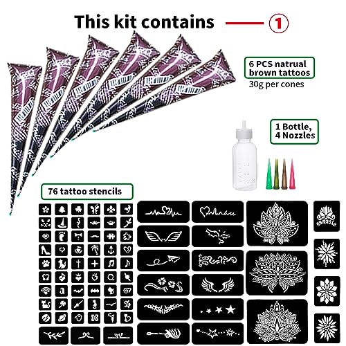 11 Sheet Total 84 Tattoo Stencils Sticker Pattern, 6 Pcs Natrual Brown Temporary Tattoo Kit, 1 Bottles, 4 Nozzles