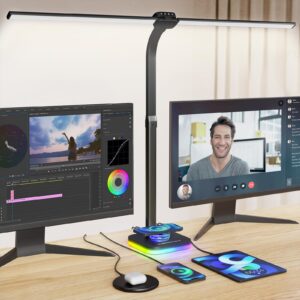 yeuslor black desk lamp for office gaming,double head light for home＆office，adjustable light mode and brightness，adjustable height＆angle in metal polwith wireless charger＆2 usb and 1 type-c ports