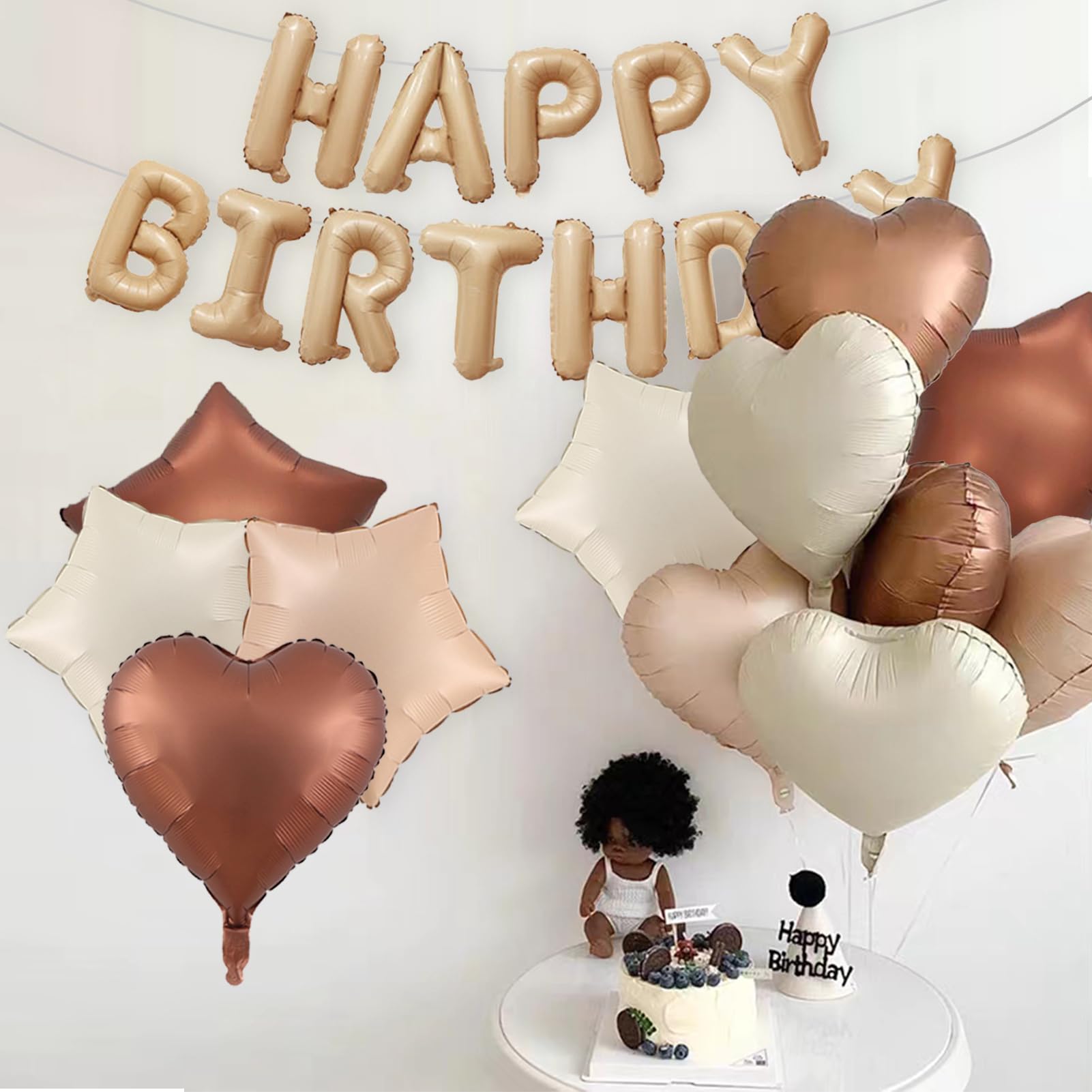 Happy Birthday Balloon Banner Foil Balloons Neutral Balloons Cream Caramel Beige Brown Balloons Heart Balloons for Girl Boy Birthday Party Decor Supplies