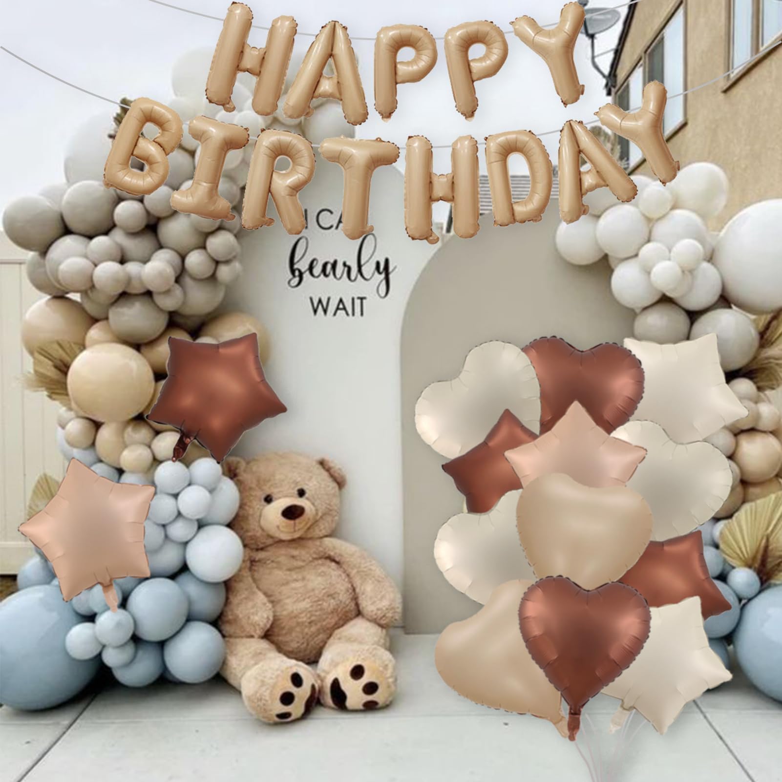 Happy Birthday Balloon Banner Foil Balloons Neutral Balloons Cream Caramel Beige Brown Balloons Heart Balloons for Girl Boy Birthday Party Decor Supplies