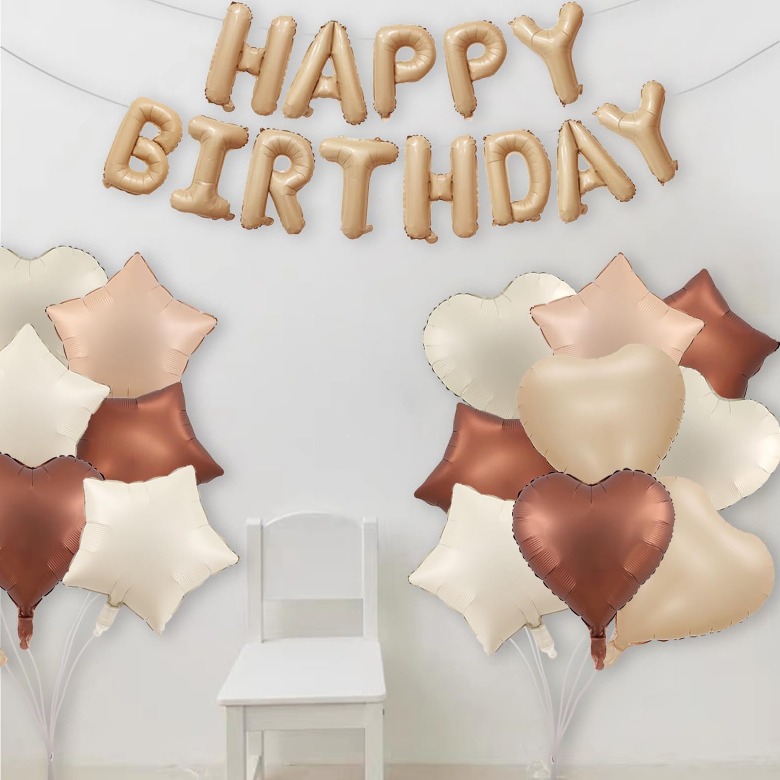 Happy Birthday Balloon Banner Foil Balloons Neutral Balloons Cream Caramel Beige Brown Balloons Heart Balloons for Girl Boy Birthday Party Decor Supplies