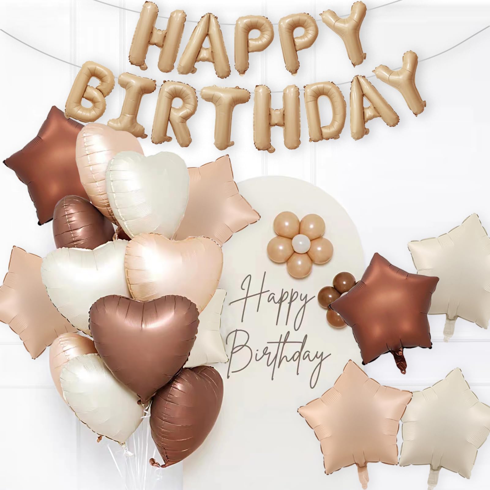 Happy Birthday Balloon Banner Foil Balloons Neutral Balloons Cream Caramel Beige Brown Balloons Heart Balloons for Girl Boy Birthday Party Decor Supplies