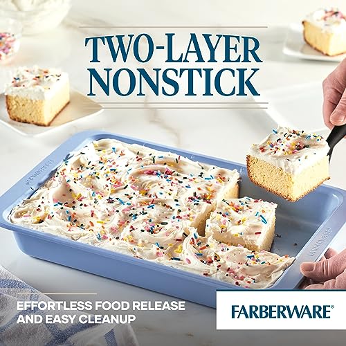 Farberware Easy Solutions Nonstick Bakeware Rectangular Cake Pan, 9 Inch x 13 Inch with Portion Marks - Blue
