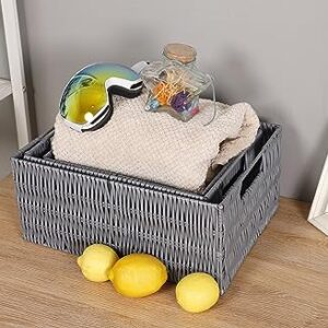 Elevon Handmade Wicker Storage Baskets Organizer Bins, Set of 3, Gray