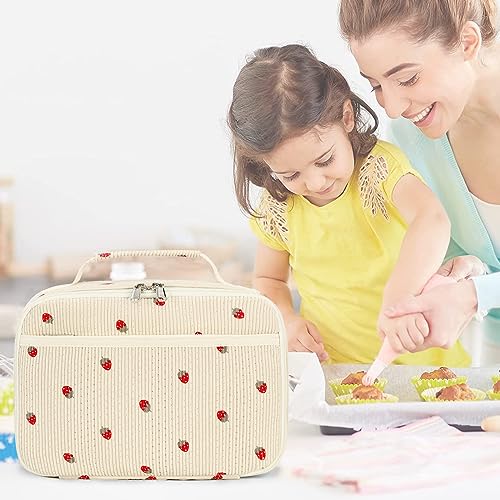 Bluboon Corduroy Insulated Lunch Bag for Girls - Strawberry Beige School Lunch Tote with Cooler Compartment