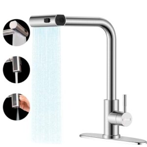appaso waterfall kitchen faucet with pull-out sprayer, brushed nickel kitchen faucet with sprayer 3-mode, sus304 stainless steel 360° swivel kitchen sink faucet, high arc single hole sink faucet