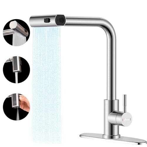 APPASO Waterfall Kitchen Faucet with Pull-Out Sprayer, Brushed Nickel Kitchen Faucet with Sprayer 3-Mode, SUS304 Stainless Steel 360° Swivel Kitchen Sink Faucet, High Arc Single Hole Sink Faucet