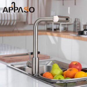 APPASO Waterfall Kitchen Faucet with Pull-Out Sprayer, Brushed Nickel Kitchen Faucet with Sprayer 3-Mode, SUS304 Stainless Steel 360° Swivel Kitchen Sink Faucet, High Arc Single Hole Sink Faucet