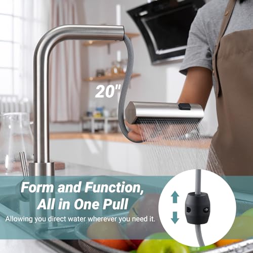 APPASO Waterfall Kitchen Faucet with Pull-Out Sprayer, Brushed Nickel Kitchen Faucet with Sprayer 3-Mode, SUS304 Stainless Steel 360° Swivel Kitchen Sink Faucet, High Arc Single Hole Sink Faucet