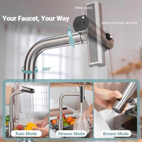 APPASO Waterfall Kitchen Faucet with Pull-Out Sprayer, Brushed Nickel Kitchen Faucet with Sprayer 3-Mode, SUS304 Stainless Steel 360° Swivel Kitchen Sink Faucet, High Arc Single Hole Sink Faucet