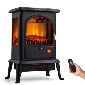 besunbar 23 inch electric fireplace stove,freestanding electric fireplace heater w/infrared heating 1000/1500w,log set & realistic flame,timer,remote control,ideal for home & office,black