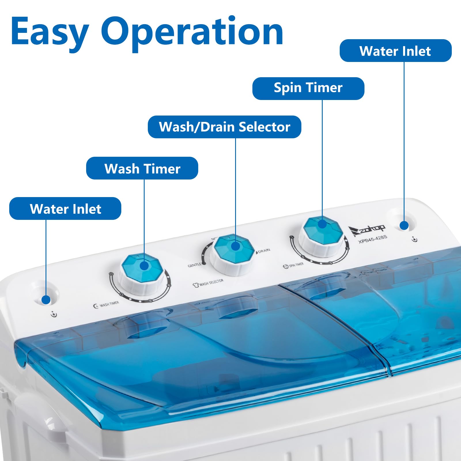 Winado 20LBS Portable Washing Machine, Compact Mini Washer Machine & Dryer Combo, Built-in Gravity Drain, Small Twin Tub Washer with Spin Cycle for Laundry Room, Apartments, Dorms, RV's (Blue)