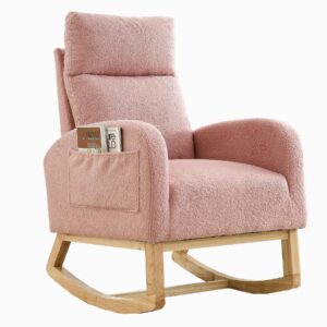 Dolonm Rocking Chair Modern Glider Chair for Baby Nursery Upholstered Rocker High Back Accent Armchair for Living Room, Bedroom, Office, Pink-Teddy