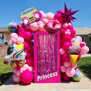 156pcs pink balloon garland arch kit with foil balloons pink fringe backdrop, hot pink and light pink balloons for bridal shower girls bachelorette women princess pink birthday party decorations