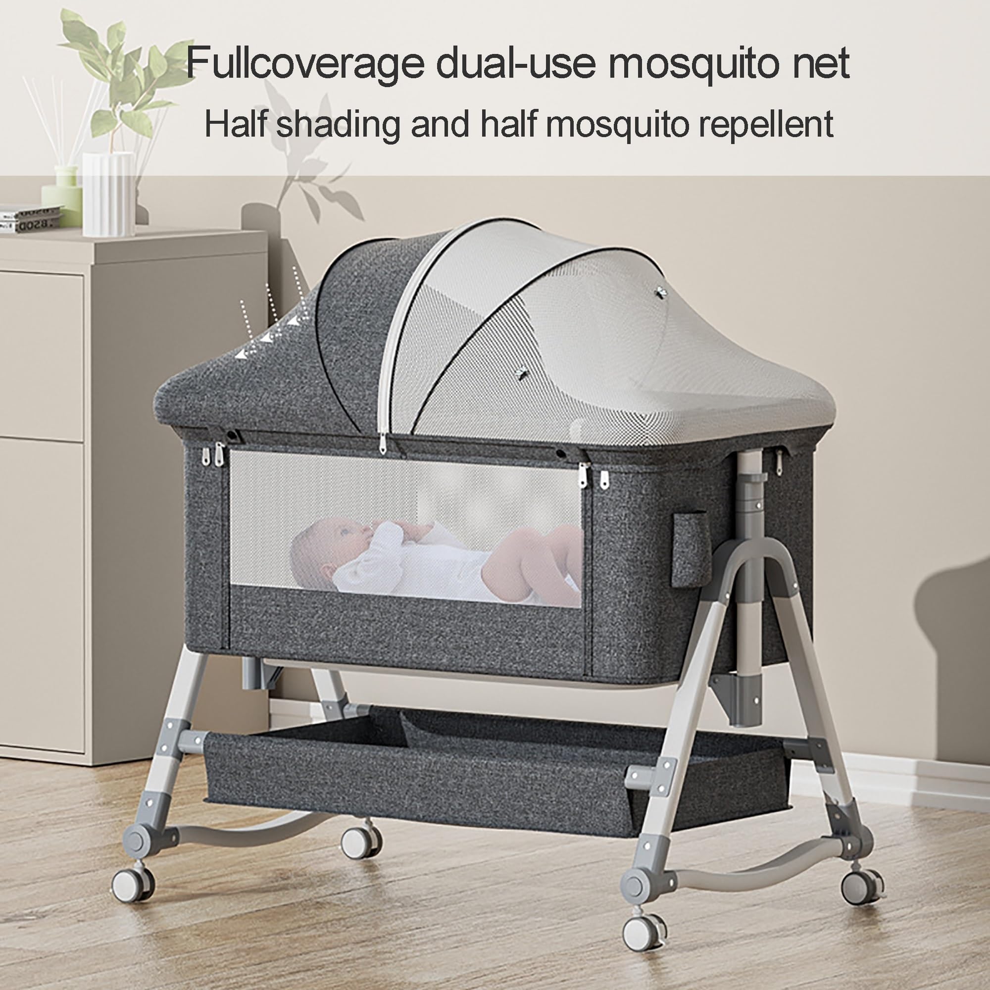 3 In 1 Baby Bassinet,baby Rocker,Bedside Sleeper, Adjustable Bassinets Crib,Rocking Cradle Adjustable Bedside Crib With Mattress, Storage Basket & Mosquito Net, Portable Baby Bed For Infant/Newborn (