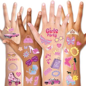 qpout 154pcs pink temporary tattoos for girls cute pinkish-purple princess themed face fake tattoos stickers for pink birthday party supplies decorations favors,20 sheets