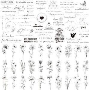 esland realistic temporary tattoos - 60 sheets small fake tattoos, 30 pcs meaningful scripts words tattoos, 30 pcs line art wild flower nature tattoo stickers for women and men