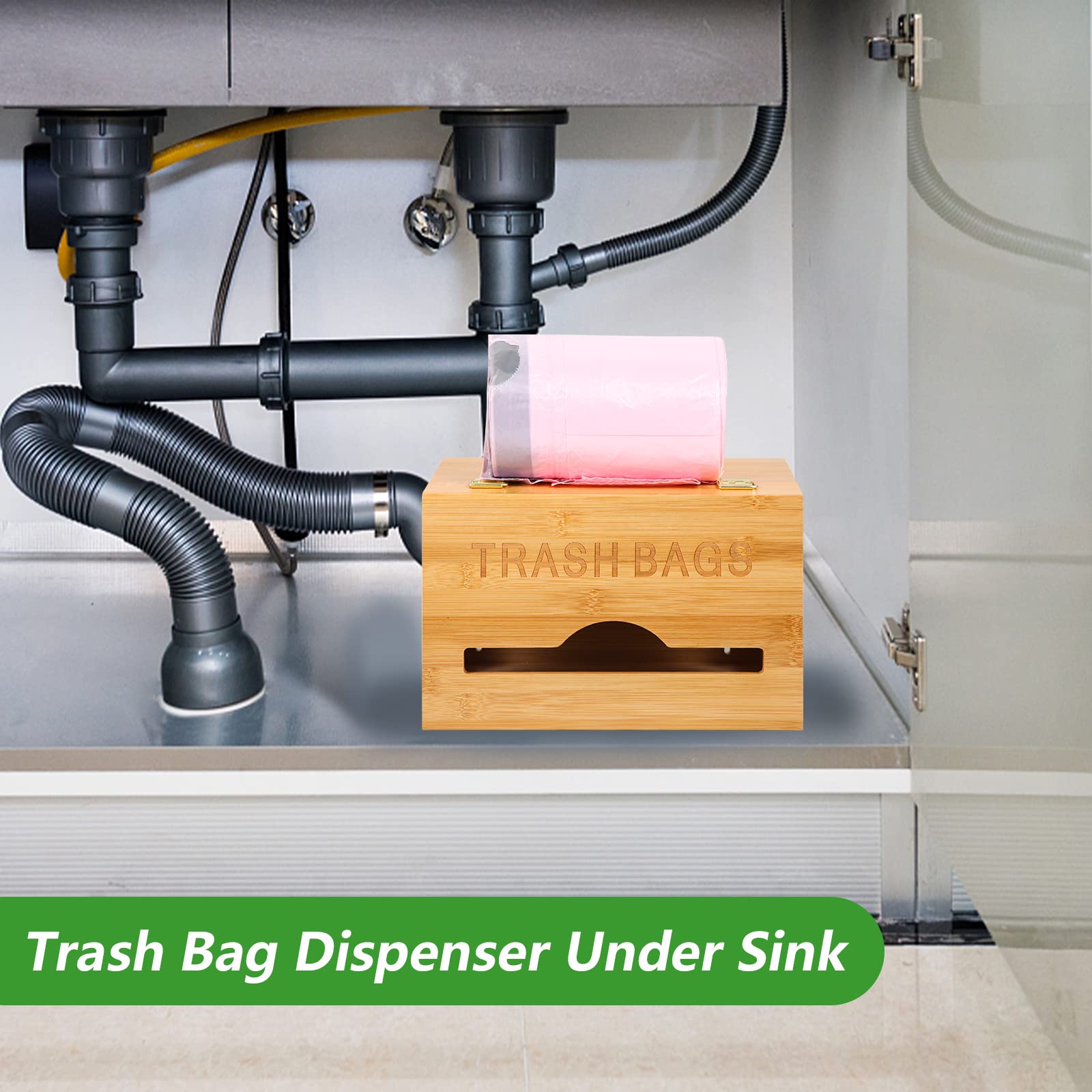 Snpwne Large Trash Bag Holder, Garbage bag dispenser with handle, Kitchen Trash Bag Organizer, Bamboo wall Mounted Trash Bag Dispenser Roll Holder for Cabinets, Countertops and Under Sink