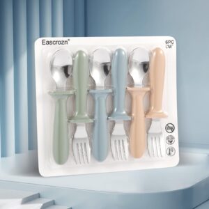 Eascrozn Toddler Utensils, 6 Pack kids Silverware Set with Silicone Handle, 18/8 Stainless Steel Children Safe Forks and Spoons, Dishwasher Safe