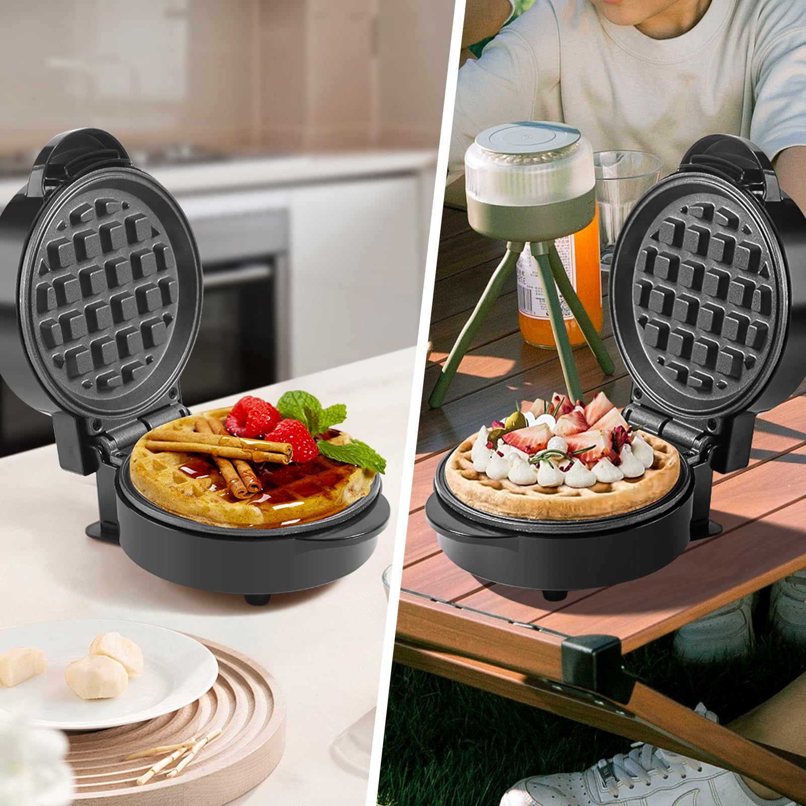 UVFAST Mini Waffle Maker, Small Waffle Irons Non-stick, Breakfast Belgian Waffles, Mini Waffle Iron Make Waffles in Minutes, Portable Pancake Maker Machine for Kid, Easy to Clean, 5 Inches Wide, Black