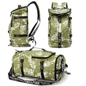 floral gym duffel bag backpack, fashion wrestling bag,with shoe compartment, 4 kinds of back method waterproof travel sports walking laptop lightweight (a-floral green)