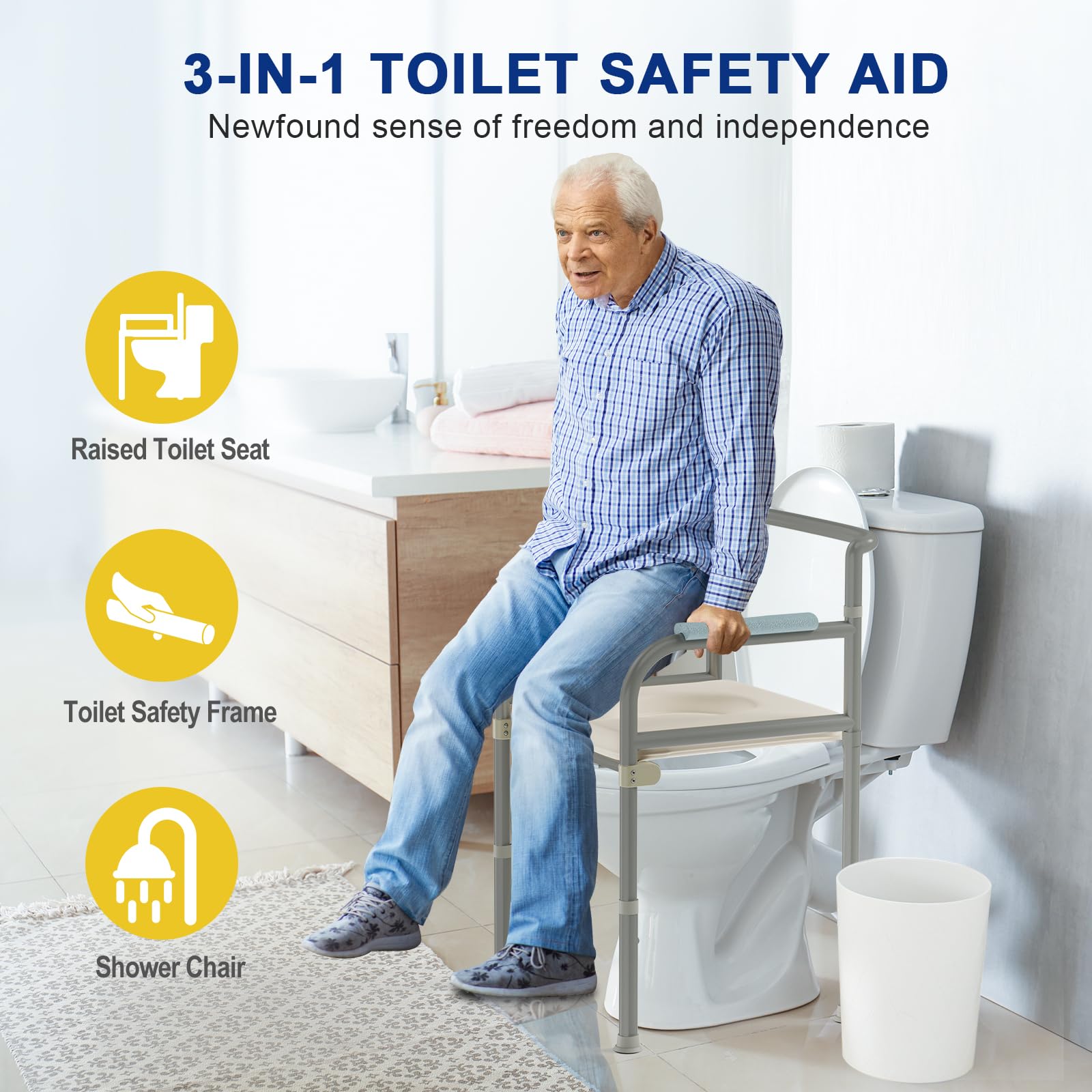 Pipleo Raised Toilet Seat with Handles - Cozy Padded Toilet Seat Risers for Seniors, Handicap - Multi-use as Bedside Commode, Shower Chair and Safety Frame, Adjustable Height, 330lbs Capacity (Grey)