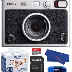 Fujifilm INSTAX Mini EVO Hybrid Instant Camera (Black) Bundle, Includes: 60 INSTAX Mini Film (60 Exposures), SanDisk 32GB MicroSDHC Memory Card and More (5 Items)