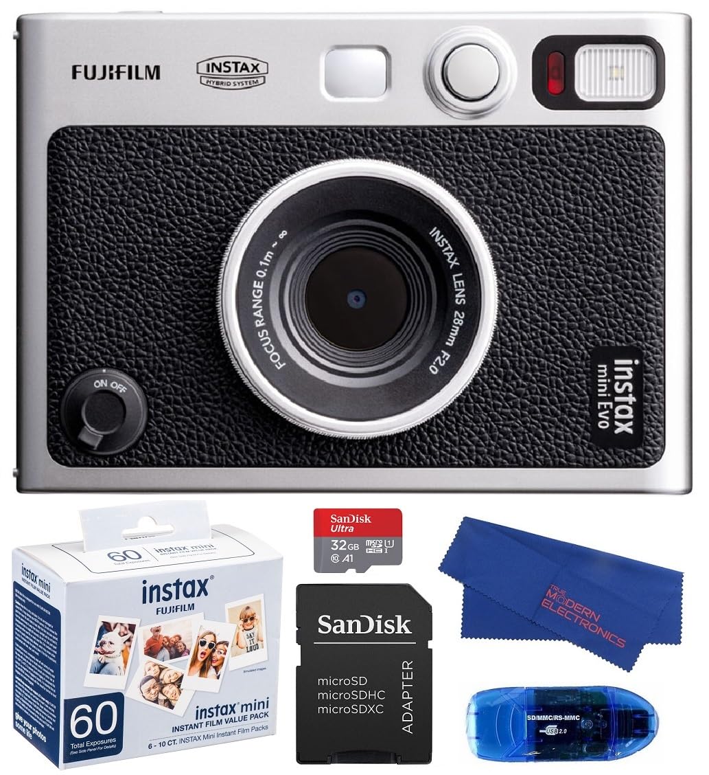 Fujifilm INSTAX Mini EVO Hybrid Instant Camera (Black) Bundle, Includes: 60 INSTAX Mini Film (60 Exposures), SanDisk 32GB MicroSDHC Memory Card and More (5 Items)