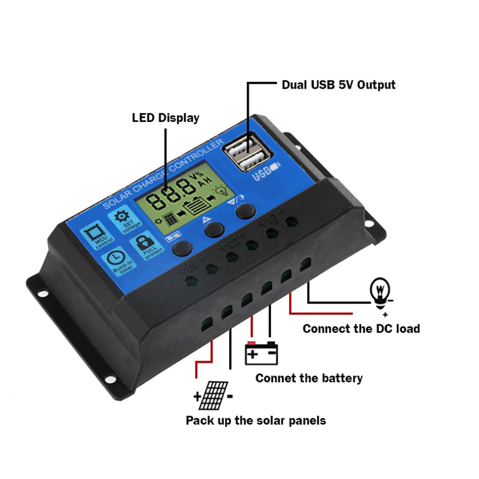 Solar Panel, Energy Saving Solar Battery 12V 24V Adaptive High Temperature Resistant High Power Over Discharge Protection IP65 Waterproof for Boats (10A)