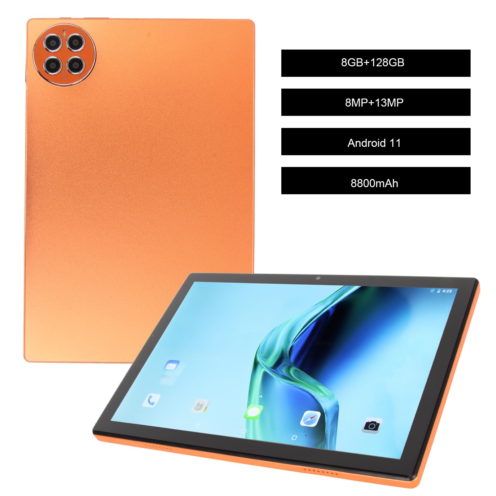 DAUERHAFT Digital Tablet, WiFi Tablet 10.1 Inch 8800mAh 8GB RAM 128GB ROM Dual SIM Dual Standby for Game for Studying (Orange)