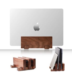 vertical laptop stand for desk，resizable wooden laptop holder,suitable for laptops of various thicknesses and sizes.laptop holder vertical.it can accommodate at least 3 devices . (black walnut)