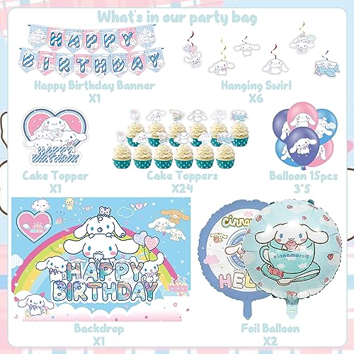 Kawaii Birthday Decorations, Cute Party Supplies Include Banner, Hanging Swirl, Balloon, Backdrop, Cupcake Toppers for Kawaii Birthday Supplies