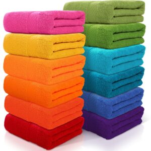 newwiee 12 pack cotton bath towels, 28 x 55 inches colorful large size soft and absorbent lightweight quick drying shower towels bulk for bathroom pool beach spa daily use, 12 colors