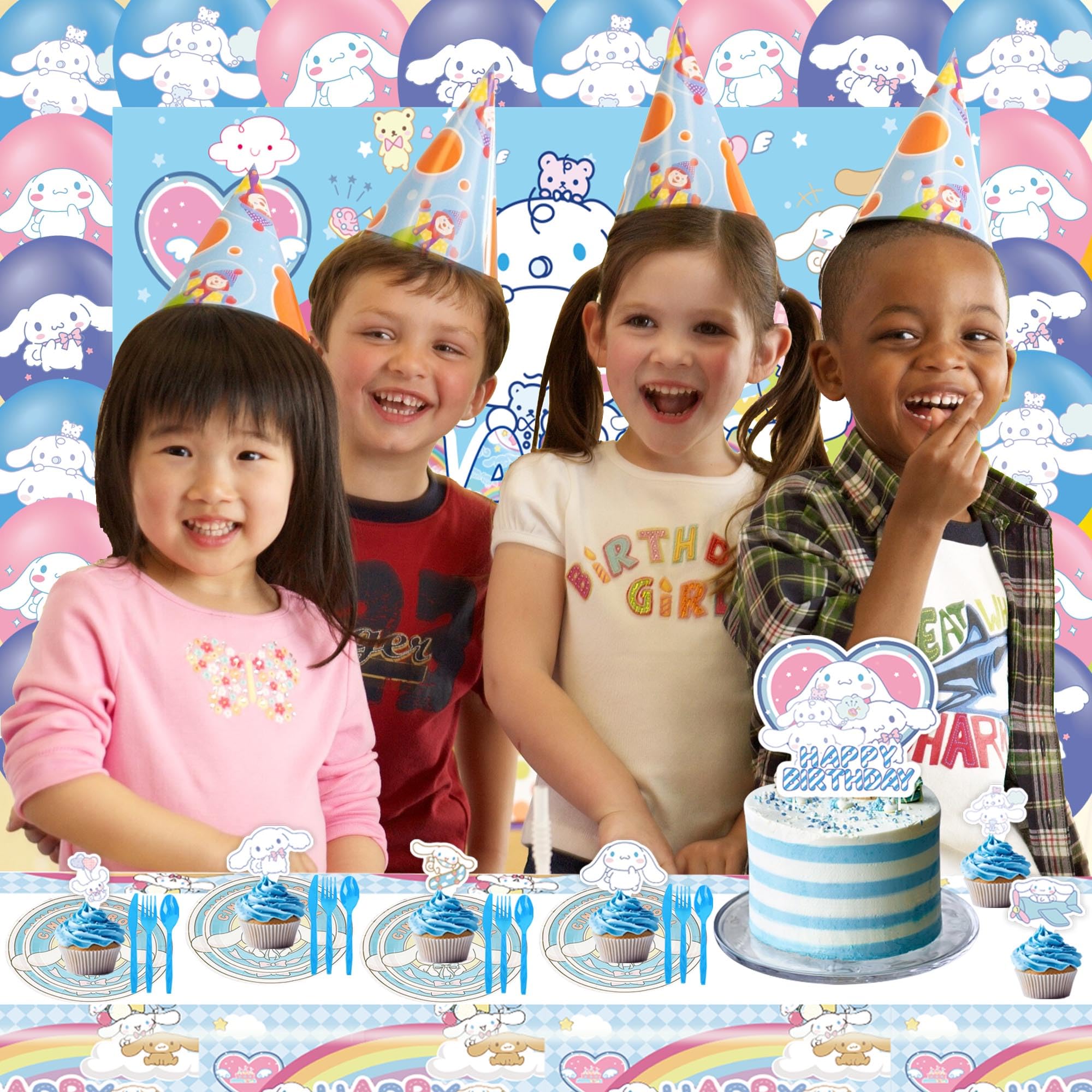 Cute Birthday Party Decorations, Kawaii Birthday Decorations for Kids Include Plates, Tablecloth, Tableware, Cupcake Toppers, Balloons, Backdrop Kits Set
