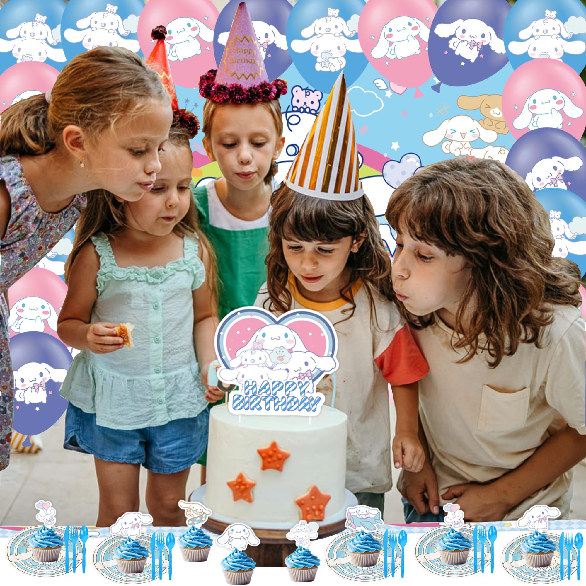 Cute Birthday Party Decorations, Kawaii Birthday Decorations for Kids Include Plates, Tablecloth, Tableware, Cupcake Toppers, Balloons, Backdrop Kits Set