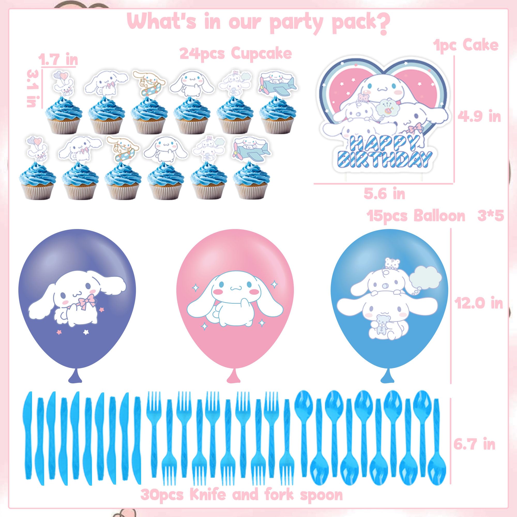 Cute Birthday Party Decorations, Kawaii Birthday Decorations for Kids Include Plates, Tablecloth, Tableware, Cupcake Toppers, Balloons, Backdrop Kits Set