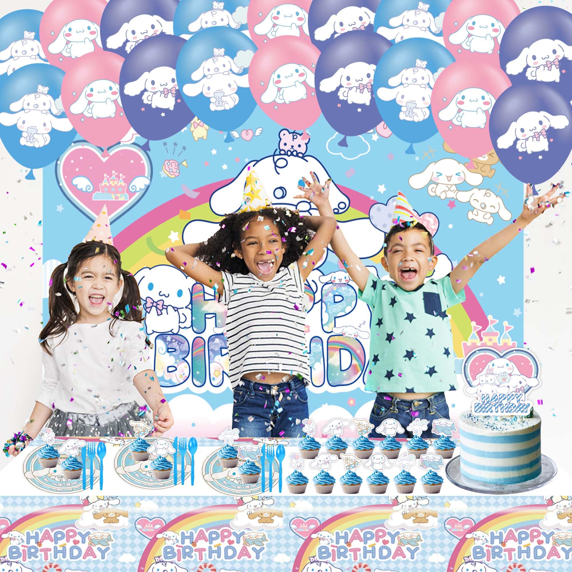 Cute Birthday Party Decorations, Kawaii Birthday Decorations for Kids Include Plates, Tablecloth, Tableware, Cupcake Toppers, Balloons, Backdrop Kits Set