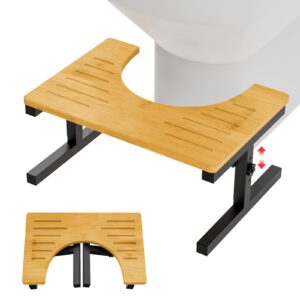 foldable bamboo toilet stool for bathroom, adjustable multi-heights poop stool for adults kids, portable squatting potty stool with double anti-slip design