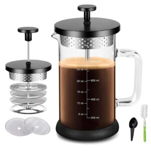 ymmind french press coffee maker 21 ounce espresso tea coffee maker with 4 filters system, stainless steel plunger and heat resistant borosilicate glass bpa-free brewed tea pot coffee plunger