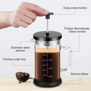 YMMIND French Press Coffee Maker 21 Ounce Espresso Tea Coffee Maker with 4 Filters System, Stainless Steel Plunger and Heat Resistant Borosilicate Glass BPA-Free Brewed Tea Pot Coffee Plunger