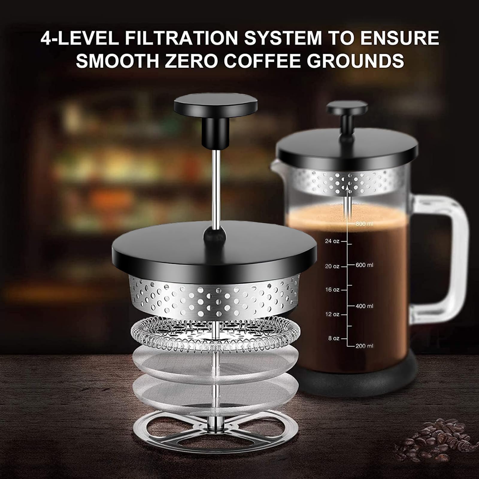 YMMIND French Press Coffee Maker 21 Ounce Espresso Tea Coffee Maker with 4 Filters System, Stainless Steel Plunger and Heat Resistant Borosilicate Glass BPA-Free Brewed Tea Pot Coffee Plunger