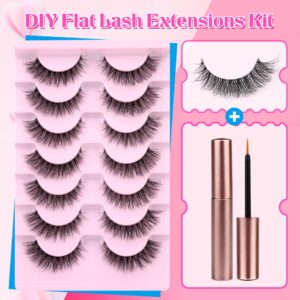 wiwoseo Natural Wispy Fluffy Lashes with Glue Cat Eyes Mink Lashes Clear Band Eyelashes with Glue Kit Russian Strip Lashes Natural Look False Eyelashes Extension Strip Lashes D Curly 7 Pairs Pack