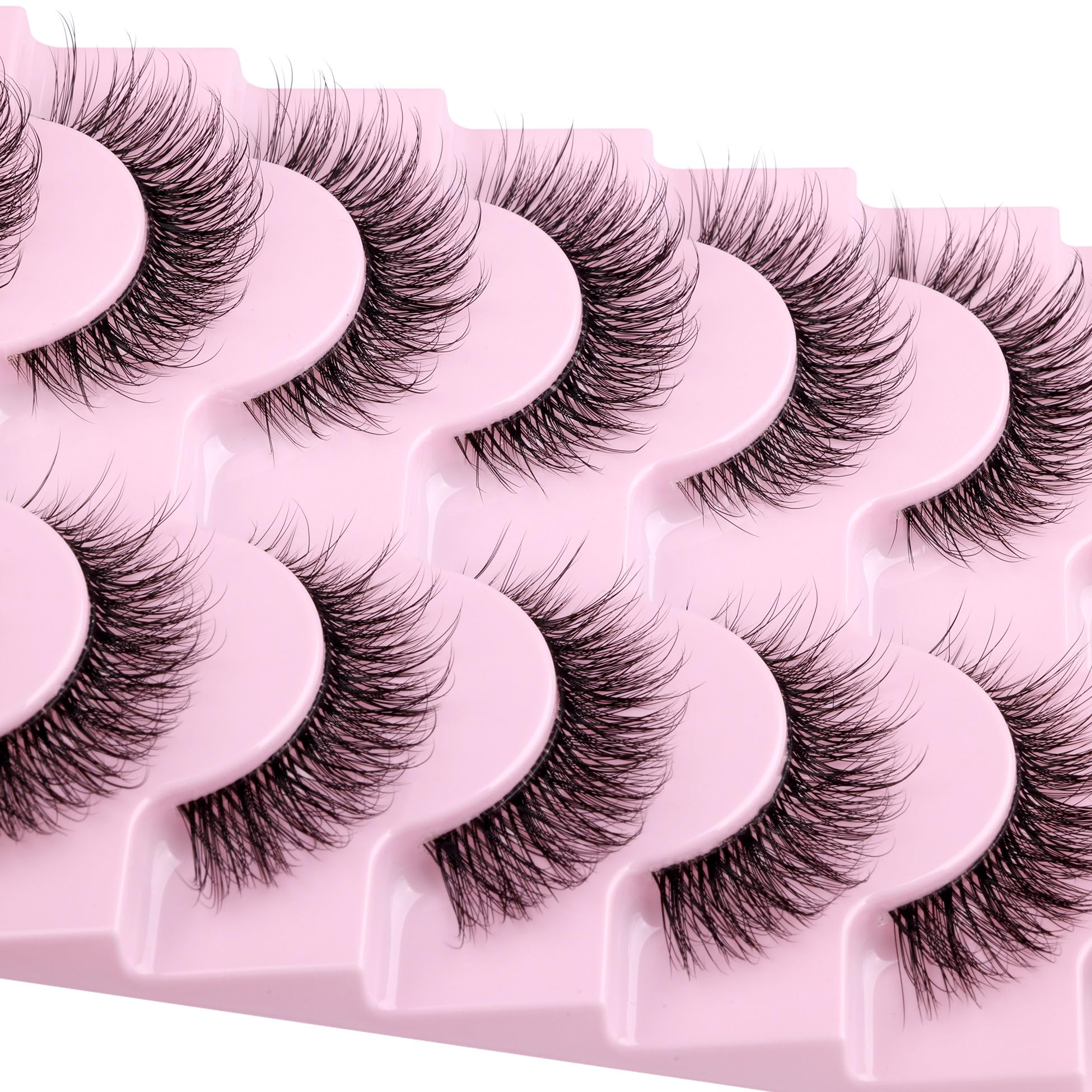 wiwoseo Natural Wispy Fluffy Lashes with Glue Cat Eyes Mink Lashes Clear Band Eyelashes with Glue Kit Russian Strip Lashes Natural Look False Eyelashes Extension Strip Lashes D Curly 7 Pairs Pack