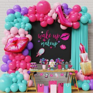 makeup balloon garland arch kit for girls spa party decorations,147pcs hot pink purple lipstick lip kiss high heels foil balloons for princess women spa day cosmetics birthday party decor supplies
