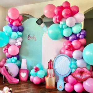 Makeup Balloon Garland Arch Kit for Girls Spa Party Decorations,147Pcs Hot Pink Purple Lipstick Lip Kiss High Heels Foil Balloons for Princess Women SPA Day Cosmetics Birthday Party Decor Supplies