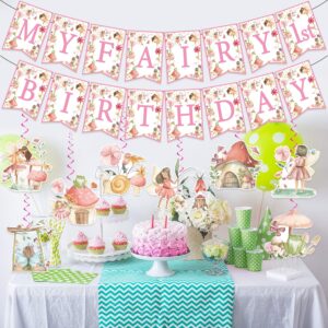 NO-DIY My Fairy First Birthday Decorations Banner Hanging Swirls, Fairy Birthday Decorations, Flower Fairy Themed Birthday Party Decorations Includes 1 Banner 16 Hanging Swirls for Girls Baby Shower