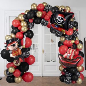 pirate ship party decorations, 142pcs red black metallic gold balloon arch garland kit with pirate ship foil mylar balloon for boys birthday ocean pirate theme baby shower party decoration supplies